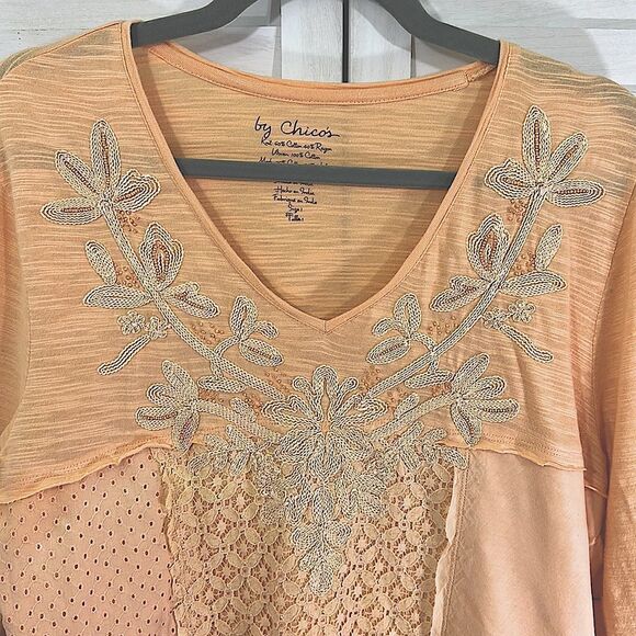 Chico's Slub Tee Size 1 (8) Medium Embroidered Lace Orange - Picture 5 of 13